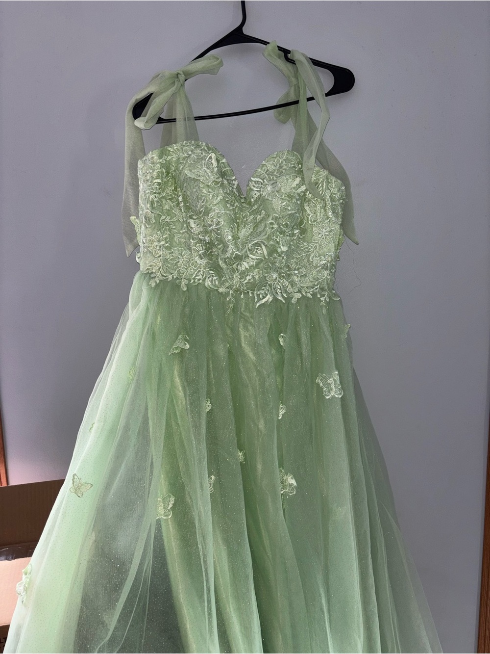 Mint Green Embroidered Tulle Maxi Dress with Tie Straps